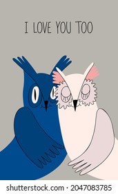 Two cute owls drawn by hand. A bright illustration, can be used as an invitation card or a postcard. Beautiful summer wallpaper.