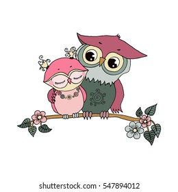 Two cute owls fallen in love. Lovely illustration on white background. Lovely crafted design for Valentine's Day, wedding, postcards and prints.