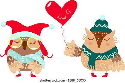 Two cute owls with  heart-shaped balloon. Funny birds in love. Cartoon characters in hats. Vector illustration isolated on white, concept for Valentines day