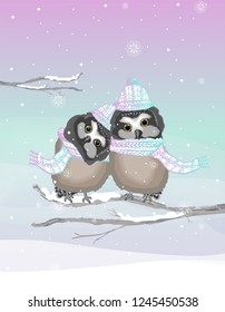 Two cute owls with knitted hat and scarf on a frozen winter background. Landscape in mint green and light purple tones, with falling snowflakes and empty branches.