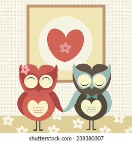 Two cute owls in love with heart sign above them. Valentine's day card. Vector illustration.
