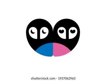 Two cute owls in love logo design. Owls Birds Modern Simple icon, half moon heart shaped eyes. Blue and Pink Animal sign, vector illustration template isolated on white background 