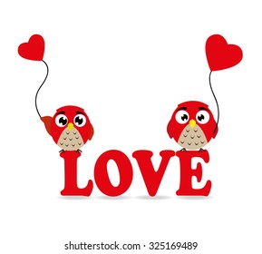 Two cute owls in love and Love word made from hearts. Valentine's day card, vector illustration
