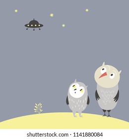 two cute owls are meeting aliens