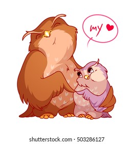 Two cute owls. My love. Vector cartoon characters on a white background.