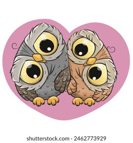 Two Cute Owls on a background of heart