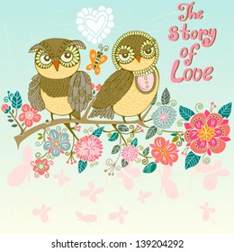 The two cute owls on the blossom branch "The story of love". Cute background. Bright illustration, can be used as invitation card. Vector lovely summer wallpaper.