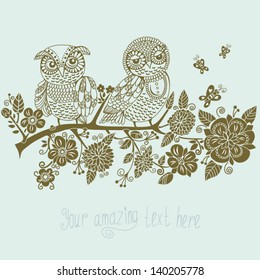 Two cute owls on the blossom branch. Cute background. Bright illustration, can be used as invitation card. Vector lovely summer wallpaper.