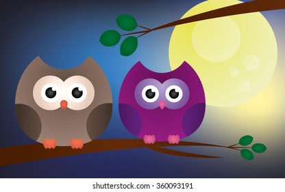 Two cute owls on a branch at night with moon