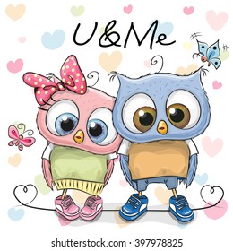 Two Cute Owls on a hearts background