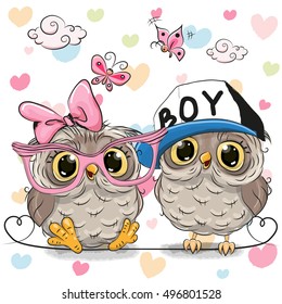 Two Cute Owls on a hearts background