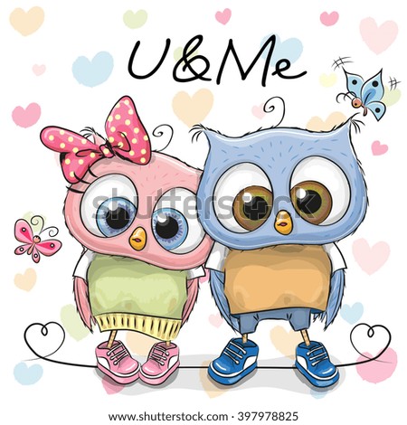 Two Cute Owls on a hearts background