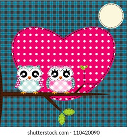 Two cute owls on the tree branch. Vector illustration