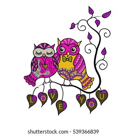 Two cute owls on a tree branch. Hand-drawn owl in doodle art style.Template for coloring books. Card for Valentine's Day.