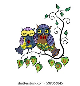 Two cute owls on a tree branch. Hand-drawn owl in doodle art style.Template for coloring books. Card for Valentine's Day.