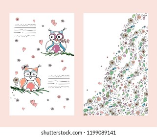 Two cute owls on the wrapper. Vector hand drawn illustration.