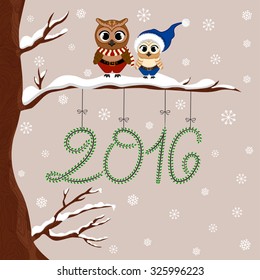 Two cute owls in santa clothes sitting on the branch. Winter, holiday design, forest vector illustration. New Year 2016. Christmas greeting card, invitation, background. 