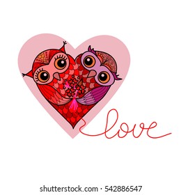 Two cute owls in the shape of a heart. Hand-drawn owl in doodle art style.Template for coloring books. Card for Valentine's Day.