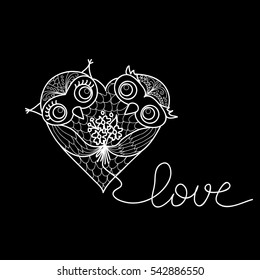 Two cute owls in the shape of a heart. Hand-drawn owl in doodle art style.Template for coloring books.