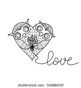Two cute owls in the shape of a heart. Hand-drawn owl in doodle art style.Template for coloring books. Card for Valentine's Day.