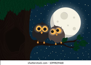 Two cute owls sit at branch under the moon. Vector illustration