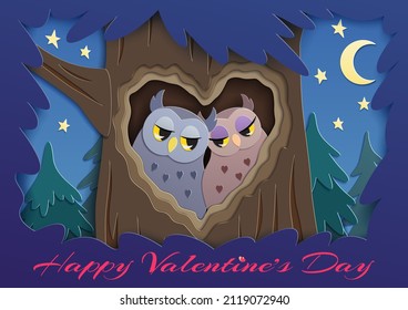 Two cute owls are sitting in the hollow shaped as heart with a forest and starry sky on the background. Valentine's day greeting card illustration in paper art style