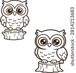 Two cute owls sitting on tree stumps.