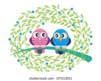 Two cute owls sitting on branch in frame of green leaf. Cartoon vector illustration, isolated. May be used for a print, invitation, or whatever you like.