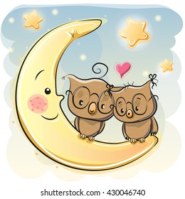 Two Cute Owls is sitting on the moon