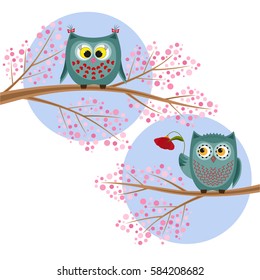 Two Cute Owls is sitting on a  branches of trees.  The boy an owl holds a red flower.