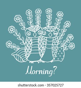 Two cute owls try to wake  up on early morning with pillows, flowers and "morning?" writing, vector design, white on blue background