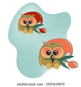 Two cute owls with a tulip in their beak. Nice kind cartoon character with a cap. Isolated vector illustration with funny bird.