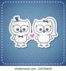 two cute owls, wedding invitation, vector hand drawn illustration