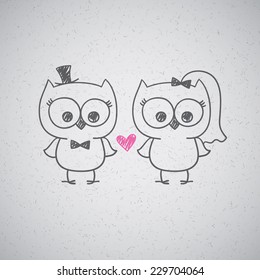two cute owls, wedding invitation, vector hand drawn illustration
