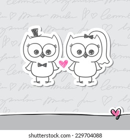 two cute owls, wedding invitation, vector hand drawn illustration