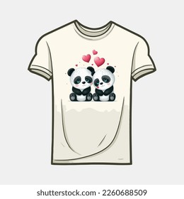 two cute Panda illustration with love hearts, t shirt template for valentine's day.