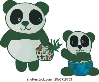 Dos bonitos pandas con bambú. Ilustración vectorial plana