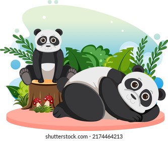 Two cute pandas in flat cartoon style illustration