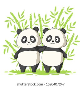 Two cute pandas. Hand drawn vector illustration with separate layers.