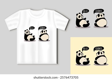 Two Cute pandas with inscription hello and goodbye. Cute illustration with t-shirt mockup