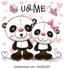 Two cute Pandas on a hearts background