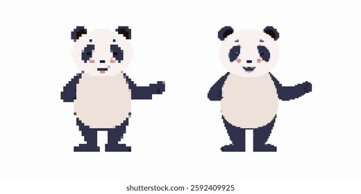 two cute pandas in pixel art style with charming expressions and unique cartoon characteristics.