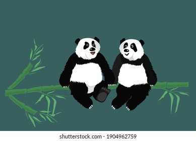 Two cute pandas are sitting on a bamboo branch. A family of two pandas together side by side.   Cartoon vector illustration in a flat style.
