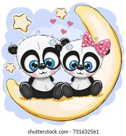Two Cute Pandas is sitting on the moon