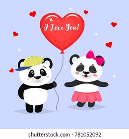 Two cute pandas stand, the boy is holding a red ball, girl panda in a pink skirt and with a bow, in cartoon style. Valentine's Day. Vector, a flat design.