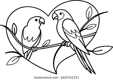 Two Cute Parrots Birds Perched On Branch Inside Heart Outline Illustration