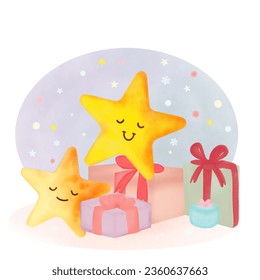 Two cute pastel Christmas star cartoon with presents box, Watercolor technique. Vector illustration drawing.