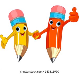 Two cute pencils holding hands