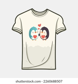 two cute Penguin in cartoon style with love heart, t shirt template for valentine's day.