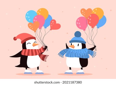 Two cute penguins with colorful balloons on pink background. Childish poster with two penguins dressed in cute colorful clothes. Flat cartoon vector illustration